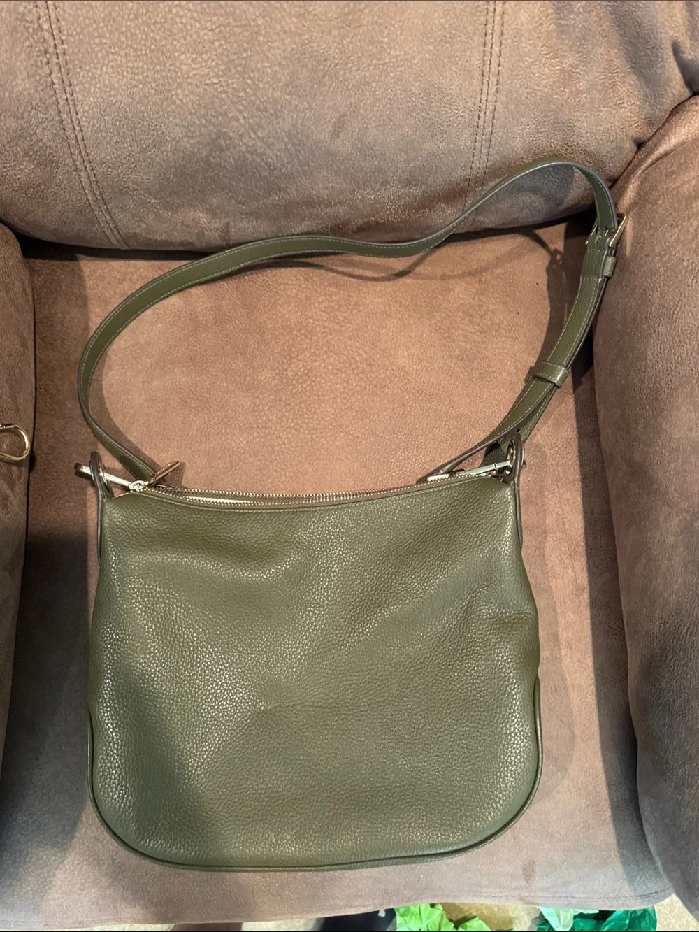kate spade olive green pebbled leather shoulder bag with striped web strap